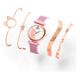 Set Reloj Con Pulseras Rosa Kawaii Gatito Gato