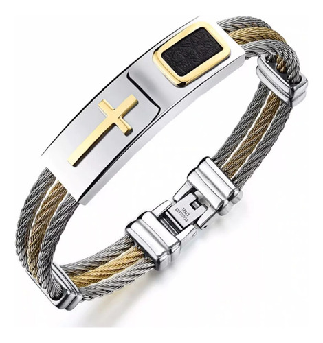 Pulseira Masculina Luxo Aço 316l Folheada A Ouro Cruz Prata