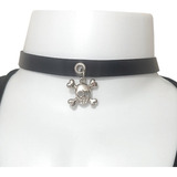 Gargantilha Choker De Couro, Corrente E Pingente De Caveira