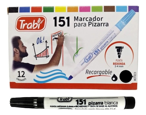 Marcadores Trabi 151 Pizarra Recargables X 12 Unidades Color Negro