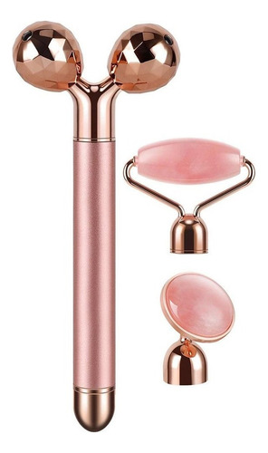 Rodillo Masajeador Facial Cuarzo Vibratorio Electrónico 3en1 Color Rosa