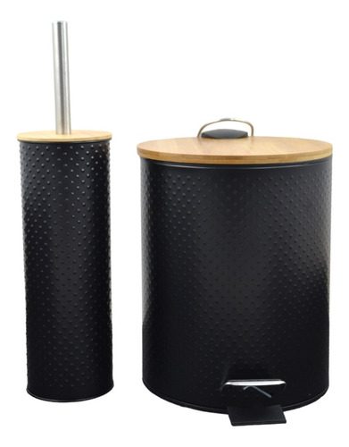 Set Baño Cesto Bambu X2 Tacho 5l + Escobilla Cepillo Inodoro