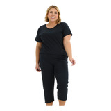 Pijama Feminino Pescador Plus Size De Algodão Básico Preto