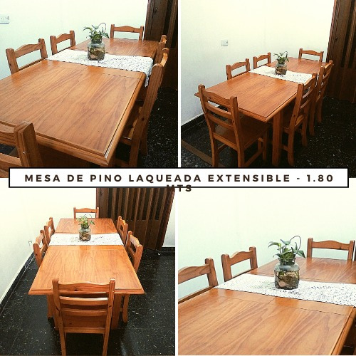 Mesa De Pino Laqueada Extensible Estilo Campo + 06 Sillas