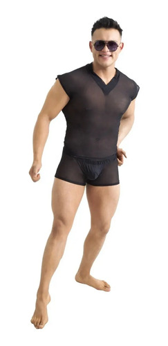 Set De Playera Y Boxer Transparente Mesh Suave Sexy Cota01