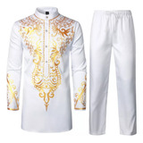 Camisa Y Pantalones Africanos Estampados En Oro Para Hombre,