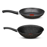 Set Sarten 24 Cm + Wok Stone Effect L2z1ivb81 Tefal Color Negro Y Gris