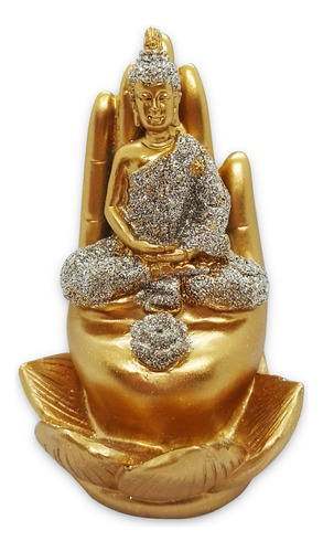 Incensário Vareta Buda Mão Dourado Brilhante Pensando 11 Cm