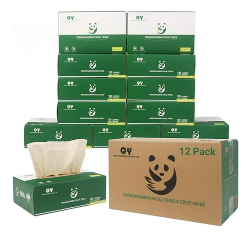 Pañuelos Faciales De Bambú Premium  - 12 Cajas. Suave, Natur