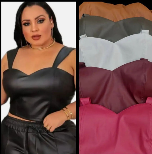 Cropped Couro Fake Alça Grossa Blusinha Plus Size