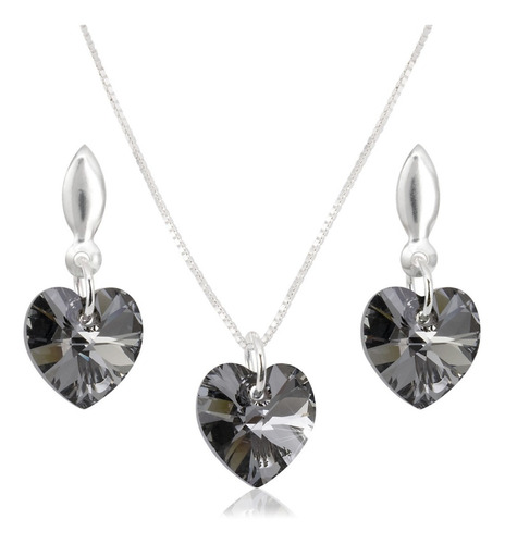 Collar Mujer Cadena Aretes Plata Corazones Swarovski Regalo