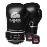 Kit Luva Boxe Mks Energy V2 Preto/prata + Bandagem Pt 2,55m