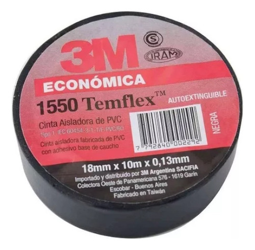 Cinta Aisladora De Pvc 3m Temflex 1550 18mm X 10mts. Color Negro