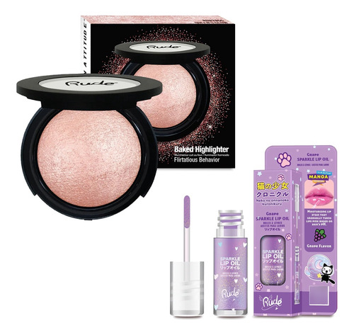 Kit Rude Cosmetics Iluminador En Polvo Tono Rosa Y Lip Oil 