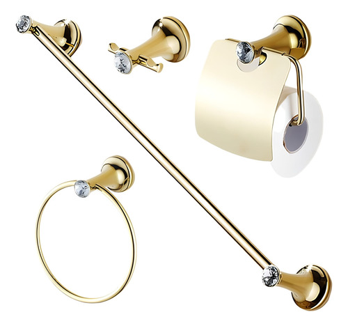 Kit De Acessórios Dourado Banheiro Luxo Metal Pedra 4 Peças