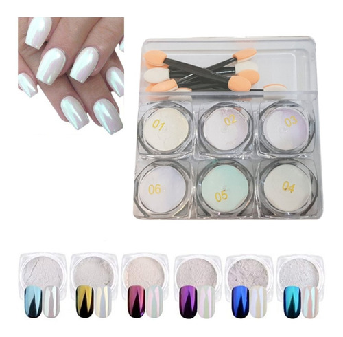 Efecto Perla Para Uñas Con 6 Piezas, Polvo Manicure 