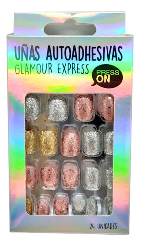 Uñas Autoadhesivas Press On Glitter Thelma Y Louise 24u Color Oro Plata Rose