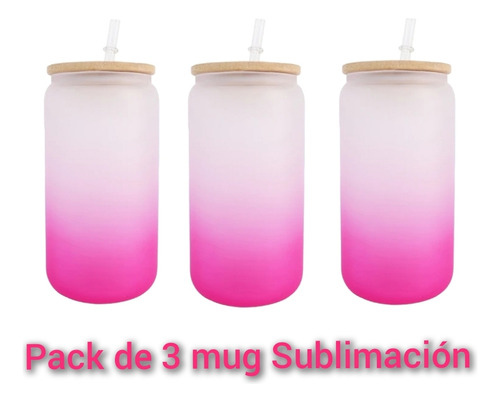 Pack 3 Mug Glass Sublimación Rosado 16 Oz Tapa Bambú Y Caja 