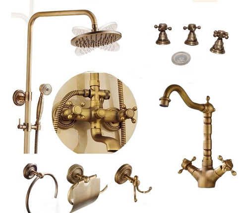 Set Full Baño Completo Bronce Vintage + Set 3 Accesorios