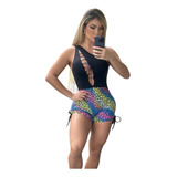 Macaquinho Fitness Top Preto Short Onça Colorida Academia