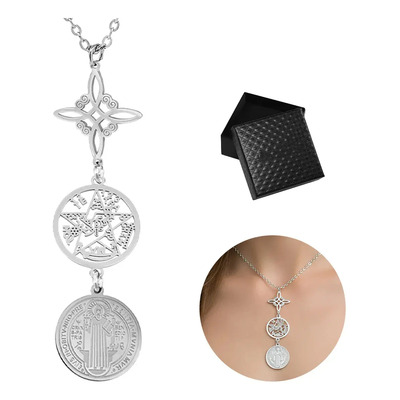 Collar Plata Dijes Nudo De Bruja Y Tetragramatón San Benito Acero | Envío gratis