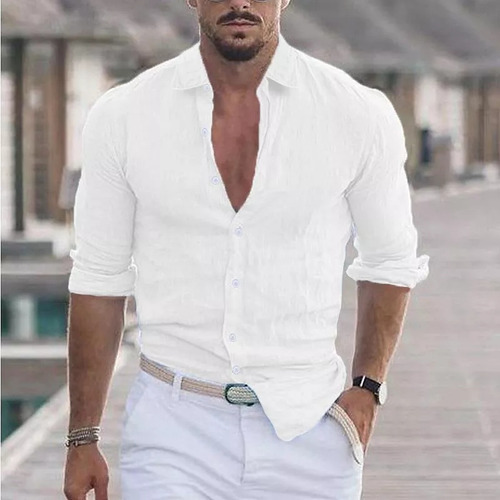 Camisa Playa Verano Con Solapa De Algodón Y Lino Para Hombre