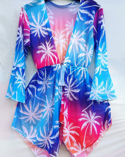 Saída De Praia Curto Kimono Vestido Chemisa Luxo Verão Moda