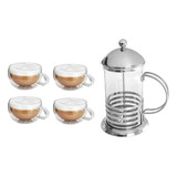 Cafetera Prensa Francesa X 600 Ml + 4 Tazas Doble Vidrio