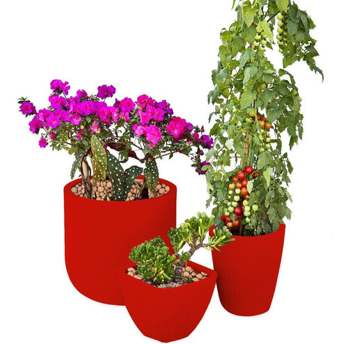 Kit Vaso 3 Tamanhos Polietileno Variados Plantas Flores Cd50 Cor Vermelho