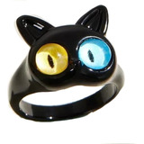 Anillo Gato 3d Color Negro Ojo Azul Amarillo 