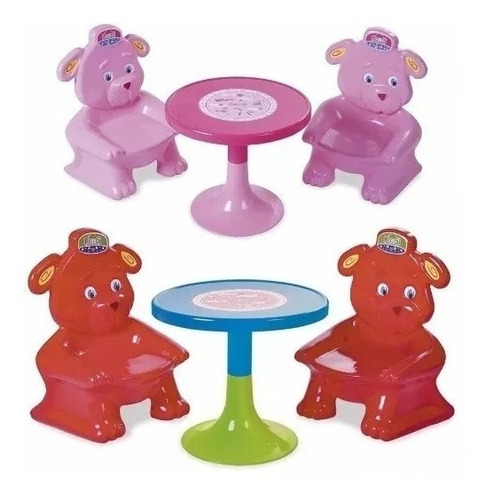 Juego Mesas Sillas Ositos Rosa Rojo Niños Juguete Rondi