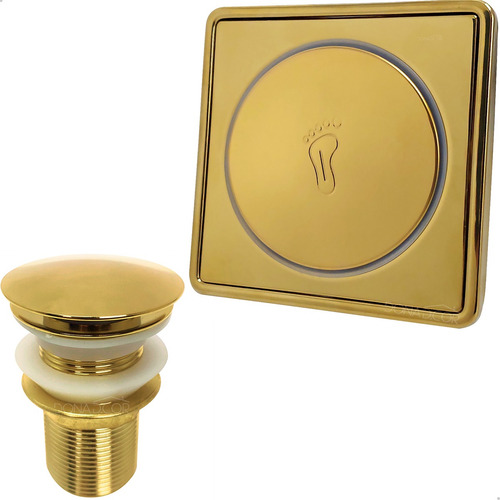 Kit Porta Grelha Dourado Inox Ralo 10x10 Valvula Click 1 1/4