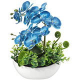 Orquídeas Artificiales 14  Azul Con Vaso Cerámico
