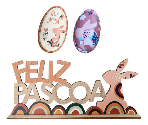 Placa Feliz Páscoa Mdf Decoração + Ovo Em Lata Alumínio