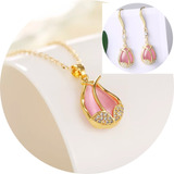 Bonito Collar  Aretes Para Dama Tulipán Rosa Suave Elegancia