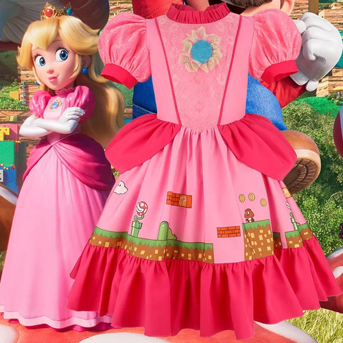 Disfraz De Princesa Peach Para Niñas, Cosplay De Mario, Vestido Rosa Con Mangas Abullonadas, Fiesta Infantil, Cumpleaños, Traje Infantil