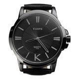 Relógio Luxo Korps 1319 Diamante Negro Pulseira Couro Preta