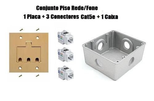 Placa Tomada Piso Latão - 4x4 + 3 Conectores Rj + Caixa Tram