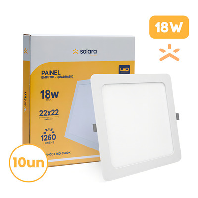 Kit 10 Painel Plafon 18w Quadrado Embutir Branco Frio 6500k Luminária Teto Super Led Forte 22x22 Solara Iluminação