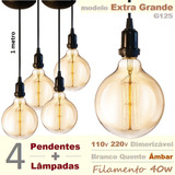 4 Luminárias Pendente Completa + 4 Lâmpadas Retro Vintage Eg