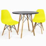 Mesa Jantar Redonda 80cm Preta 2 Cadeiras Eames Pés Madeira