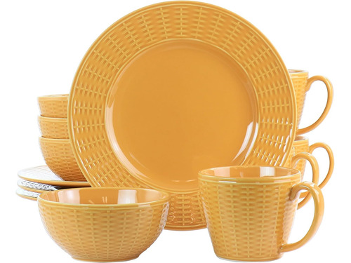 Set Vajilla Naranja Cerámica 12 Pzs Cesta De Mimbre