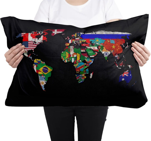 Cojin Almohada Mapa Mundi Fondo Negro Poliester Suave Arte