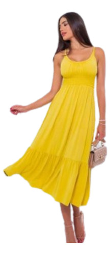 Vestido Midi Soltinho Amarelo Look Verão 