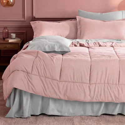 Set 7 Pzas. Edredón Queen Size + Fundas De Almohada + Juego De Sabanas Real Textil Rosa - Gris | Meses sin interés