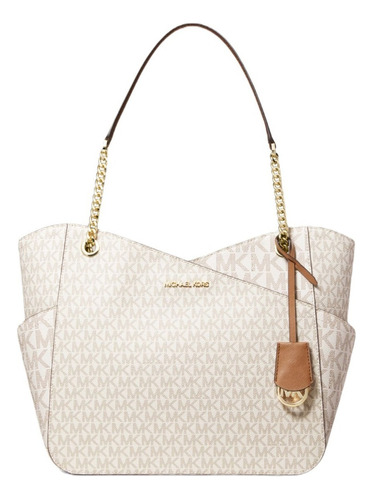 Bolsa Tote Michael Kors Jet Set Large  Diseño Monograma De Lona Y Poliéster Y Poliuretano  Vanilla Asas Color Marrón Y Cadena Y Herrajes Oro