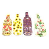 4 Botellas Planas De Vidrio En Decoupage