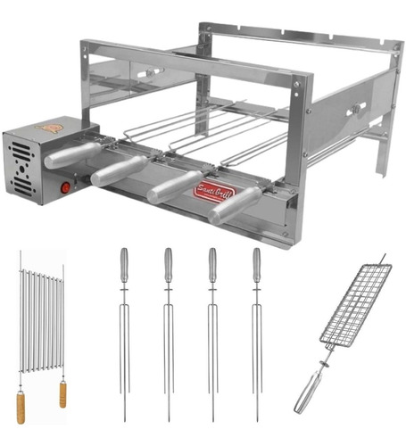 Churrasqueira Kit Grill Giratório 4 Espetos 2 Grelhas Inox