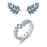 Anillo Y Aretes Set Conjunto Hojas Turquesa Laurel Plata 925