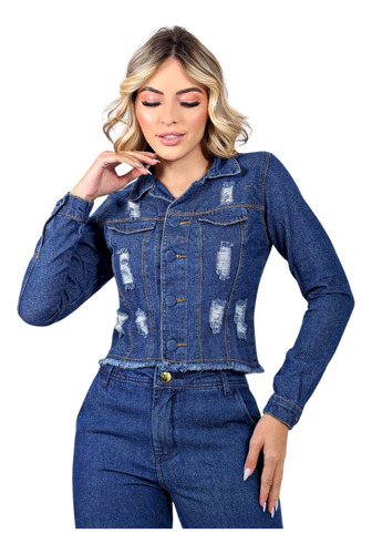 Jaqueta Premium Jeans Feminina Detalhes Rasgado Botoes